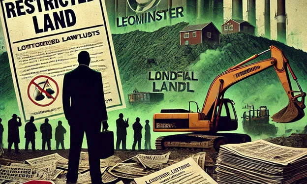 An ominous depiction of lawyers overlooking a toxic landfill being dug up