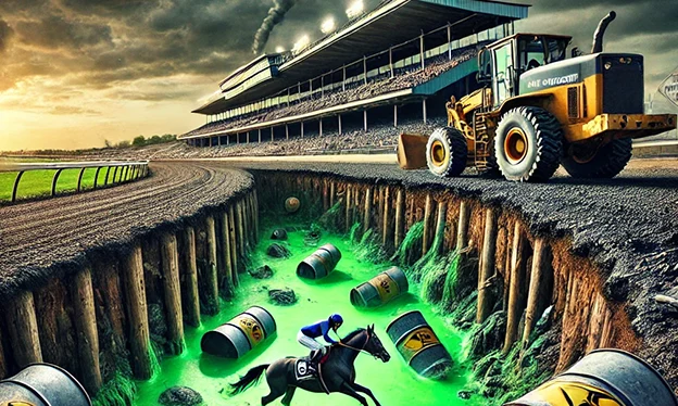 The ground beneath a horse track opens to show a river of toxic waste beneath
